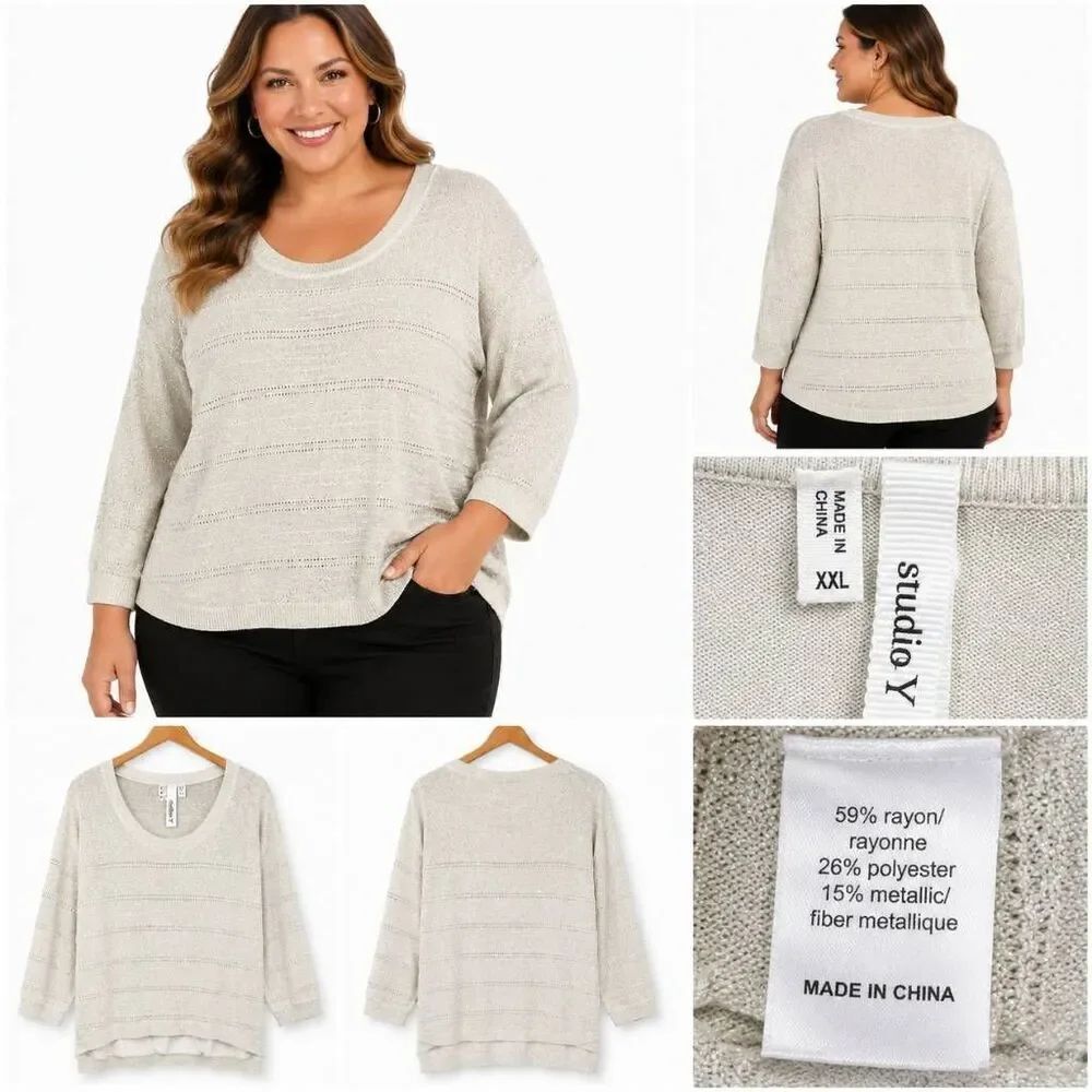 Studio Y Metallic Knit Sweater XXL Cream Dolman Sleeve
